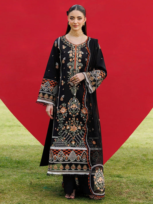 Black-Mahnur Morbagh Luxury Lawn'26 Embroidered Stitched 3-Piece Suit-M-11