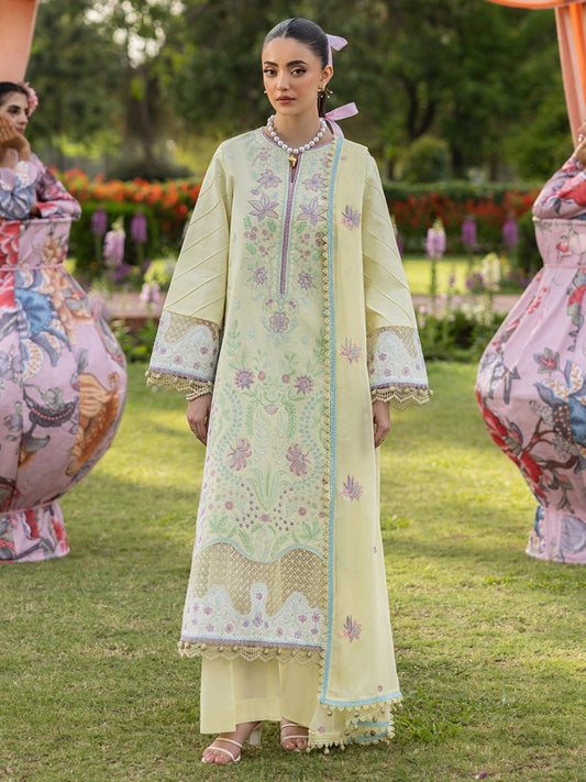 Yellow-Mahnur Morbagh Luxury Lawn'26 Embroidered Unstitched 3-Piece Suit-M-12