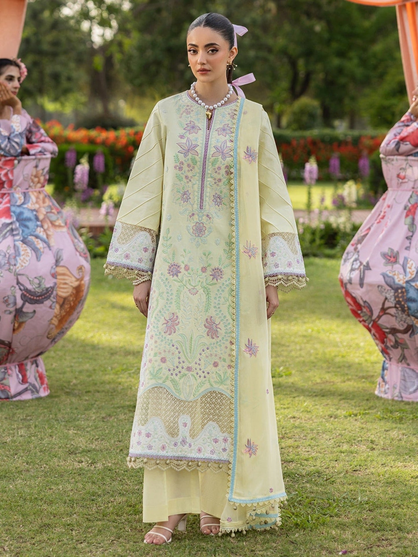 Yellow-Mahnur Morbagh Luxury Lawn'26 Embroidered Stitched 3-Piece Suit-M-12