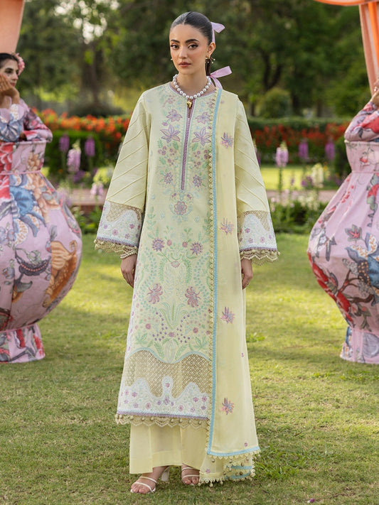 Yellow-Mahnur Morbagh Luxury Lawn'26 Embroidered Stitched 3-Piece Suit-M-12