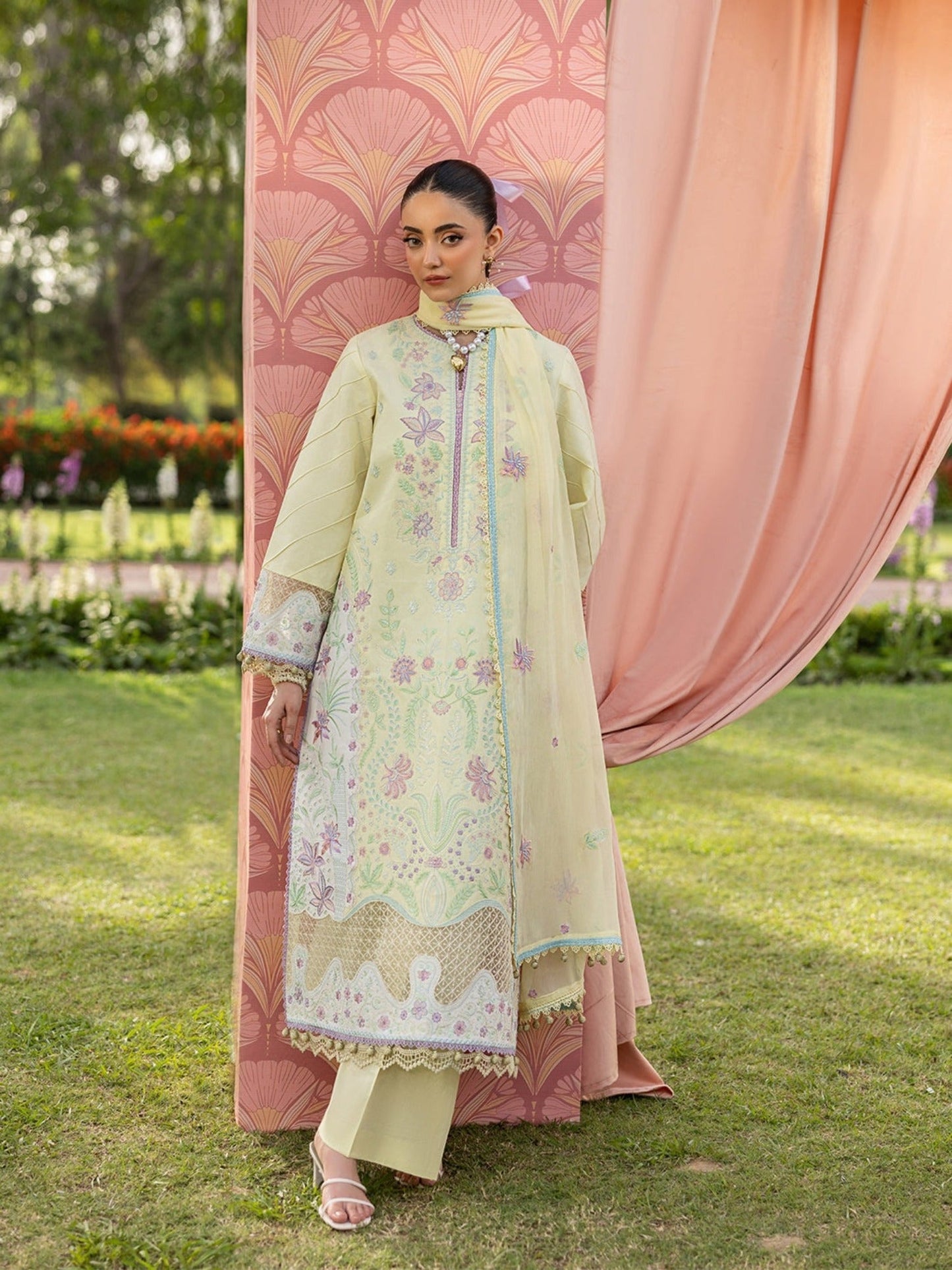 Yellow-Mahnur Morbagh Luxury Lawn'26 Embroidered Unstitched 3-Piece Suit-M-12