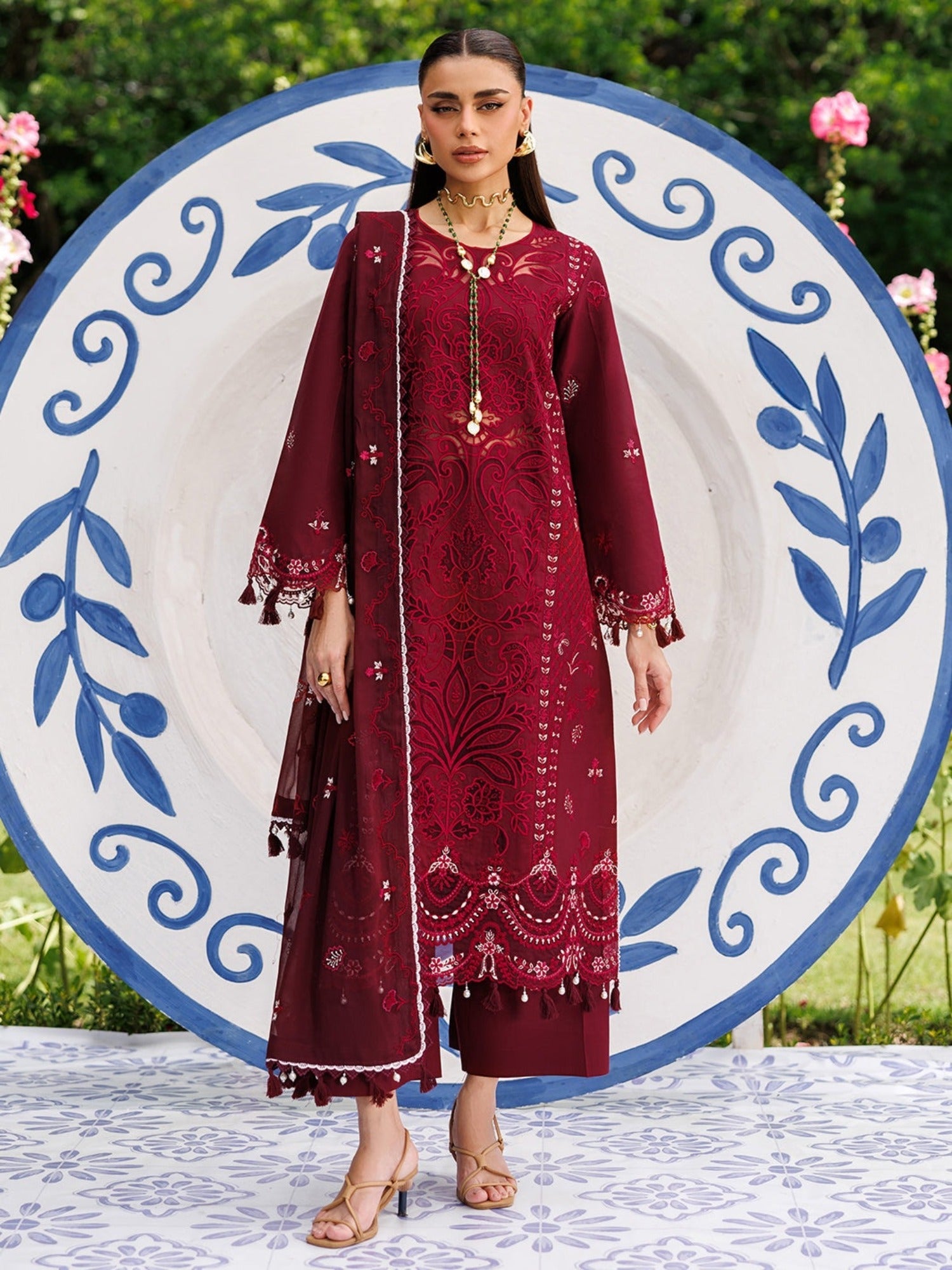 Maroon-Mahnur Morbagh Luxury Lawn'26 Embroidered Unstitched 3-Piece Suit-M-13