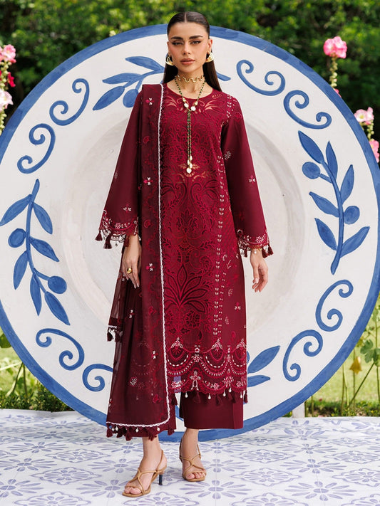 Maroon-Mahnur Morbagh Luxury Lawn'26 Embroidered Unstitched 3-Piece Suit-M-13
