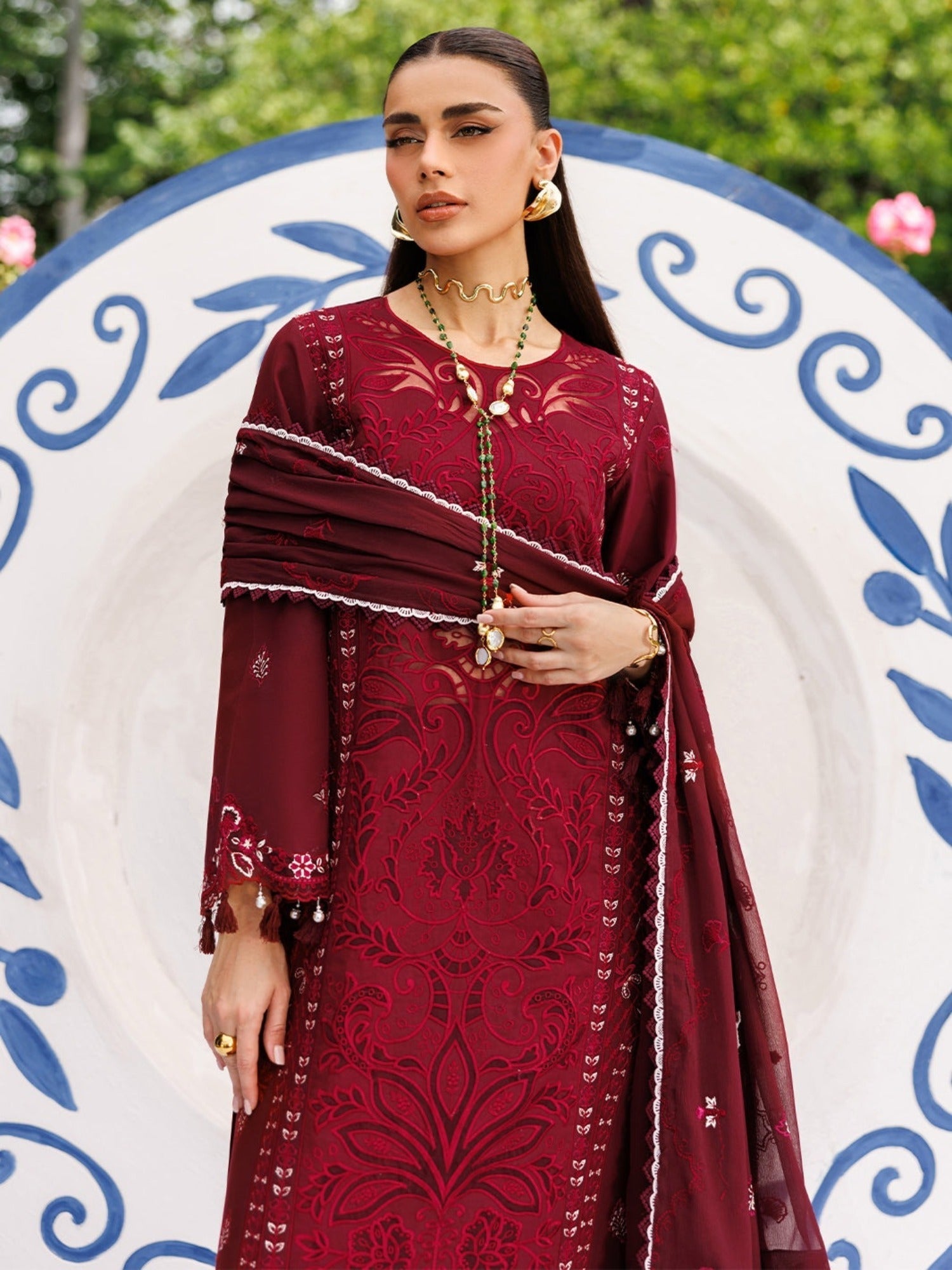 Maroon-Mahnur Morbagh Luxury Lawn'26 Embroidered Stitched 3-Piece Suit-M-13