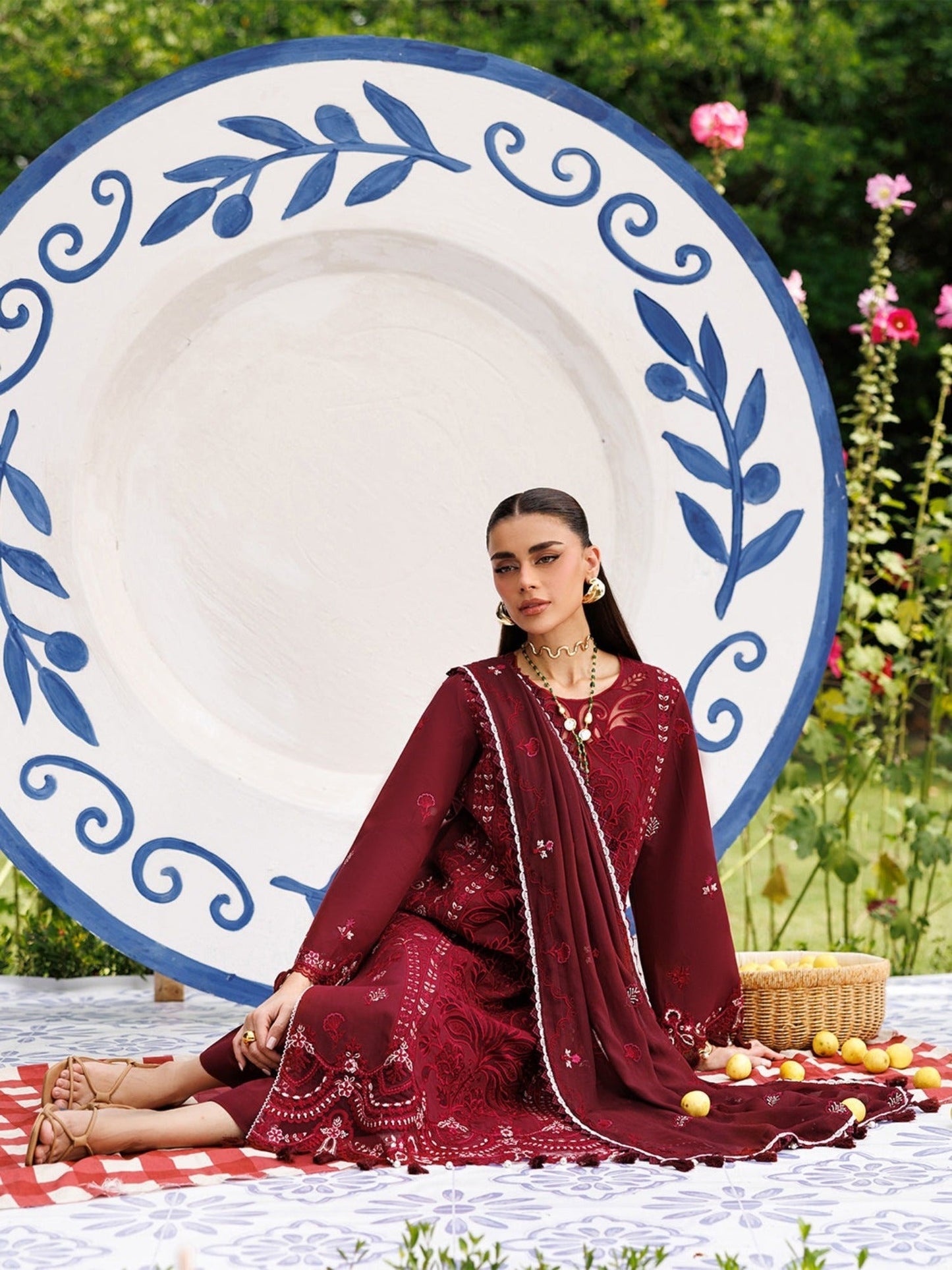 Maroon-Mahnur Morbagh Luxury Lawn'26 Embroidered Stitched 3-Piece Suit-M-13