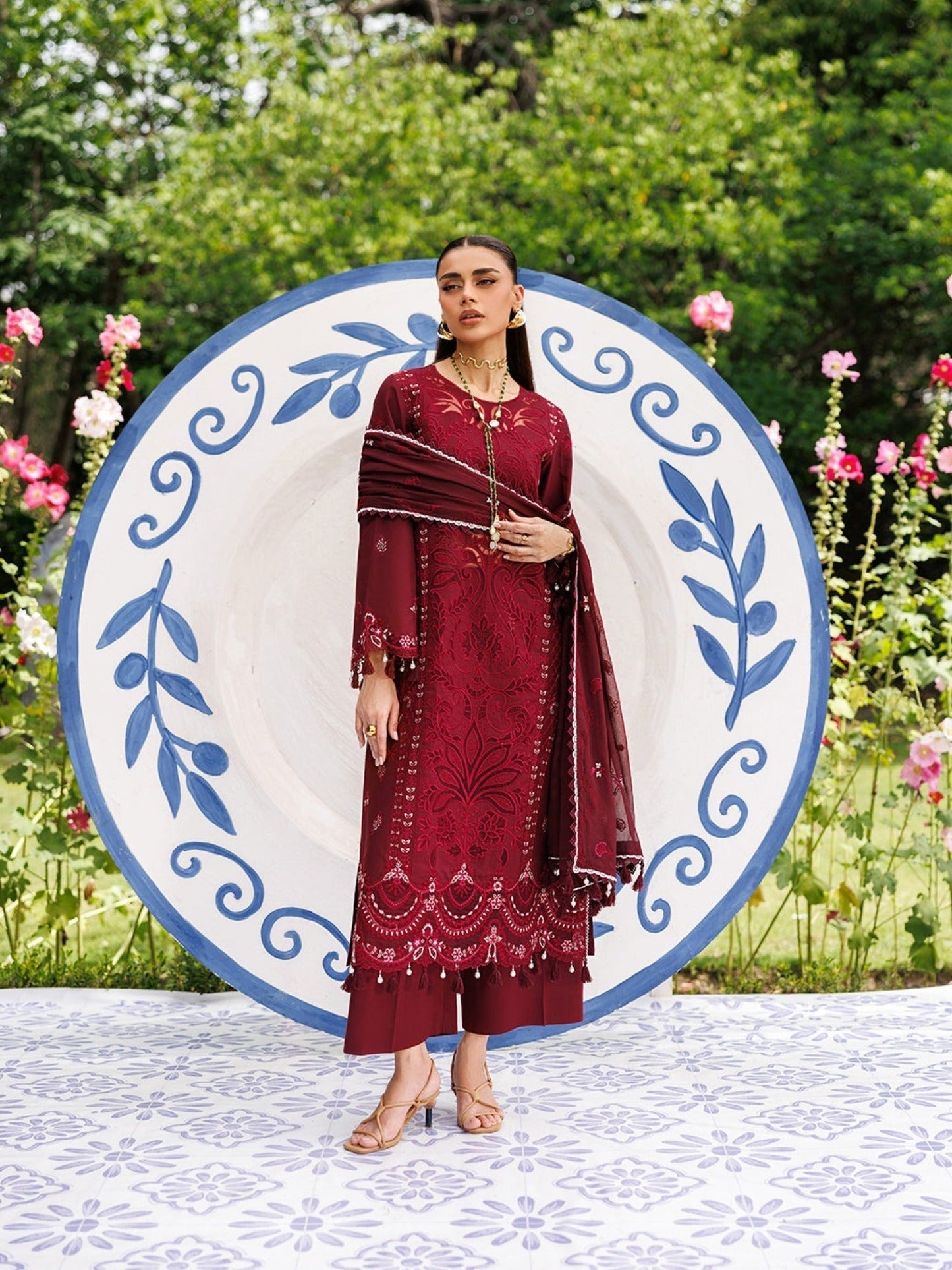Maroon-Mahnur Morbagh Luxury Lawn'26 Embroidered Stitched 3-Piece Suit-M-13