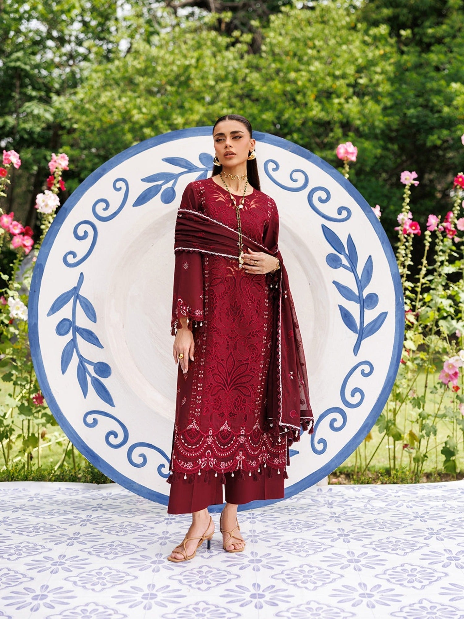 Maroon-Mahnur Morbagh Luxury Lawn'26 Embroidered Stitched 3-Piece Suit-M-13
