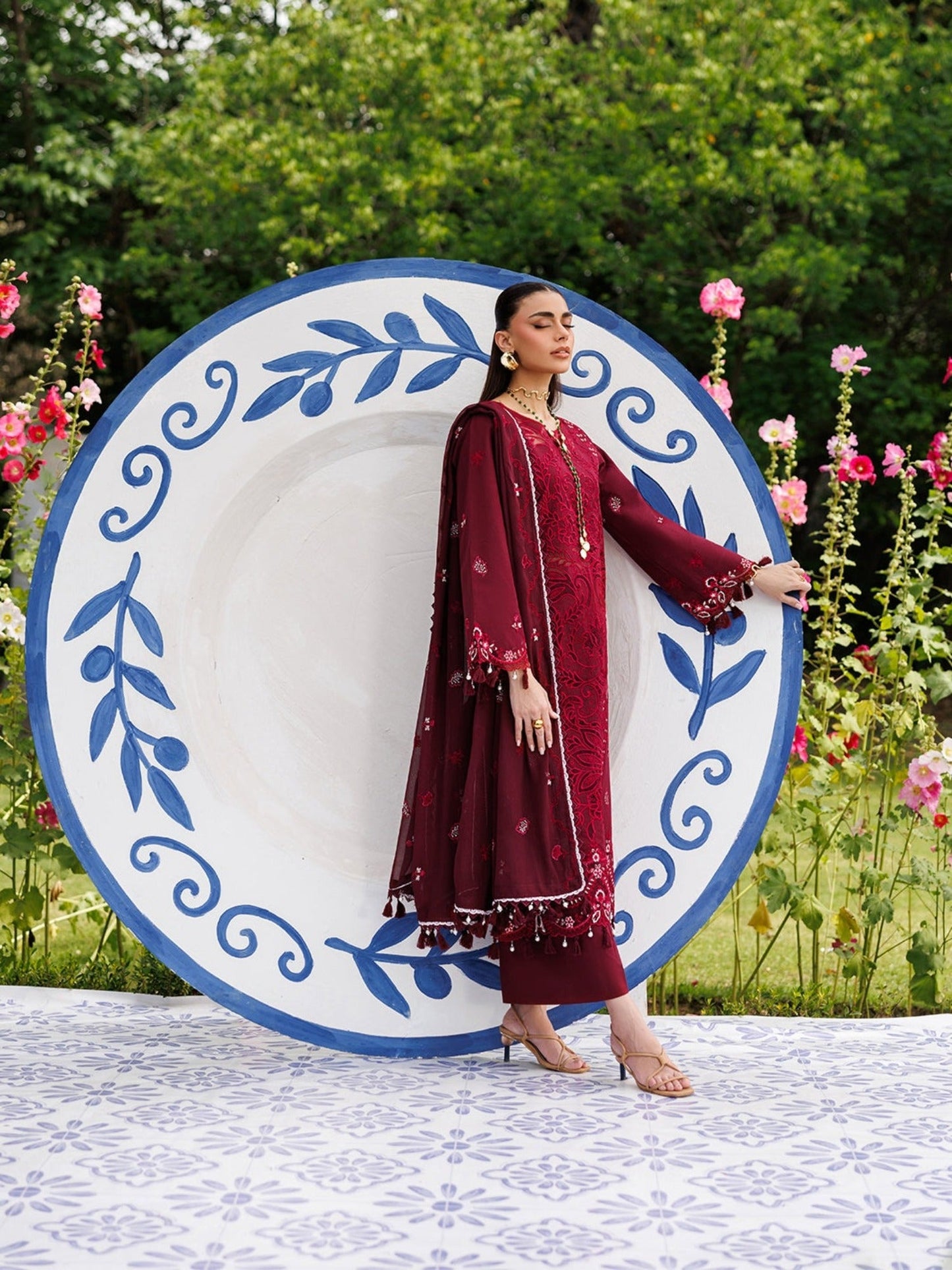 Maroon-Mahnur Morbagh Luxury Lawn'26 Embroidered Unstitched 3-Piece Suit-M-13