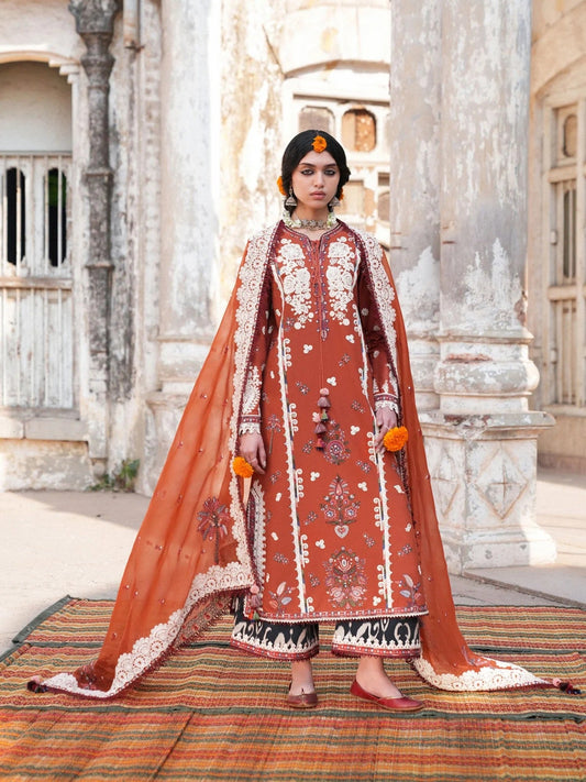Orange Hussain Rehar Barmala Pret'26 Lawn Embroidered 3-Piece Suit-Gerua
