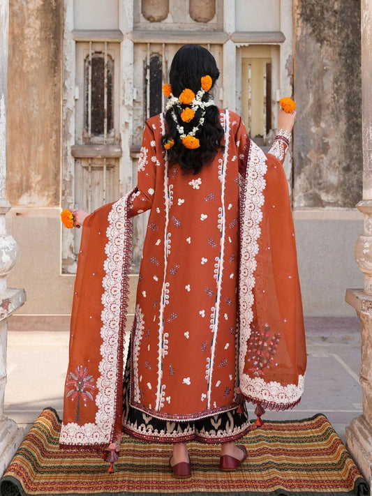 Orange Hussain Rehar Barmala Pret'26 Lawn Embroidered 3-Piece Suit-Gerua