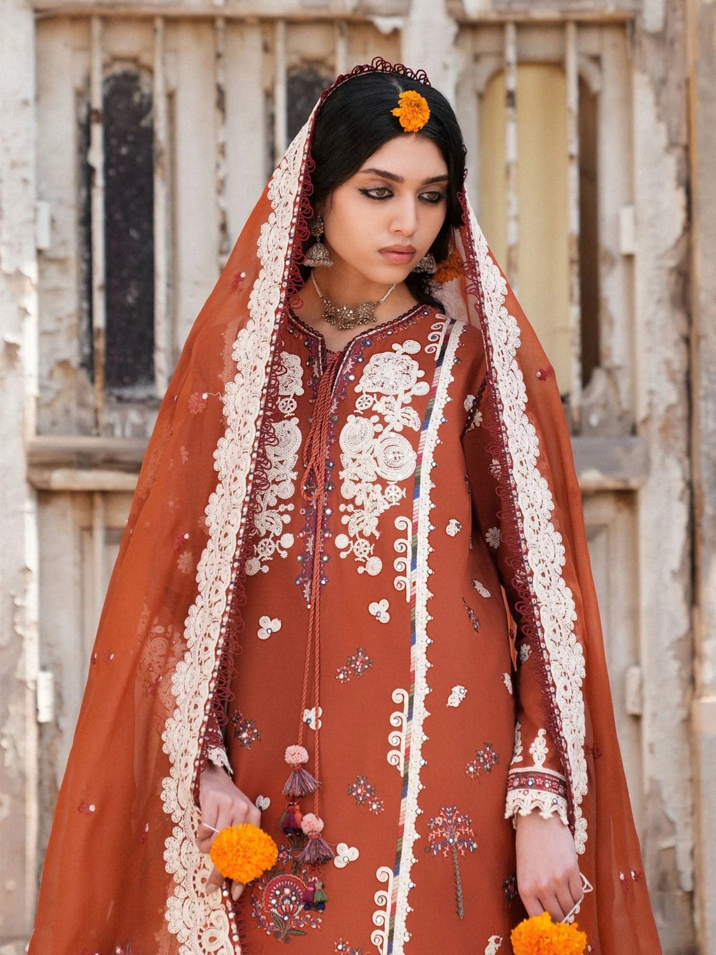 Orange Hussain Rehar Barmala Pret'26 Lawn Embroidered 3-Piece Suit-Gerua