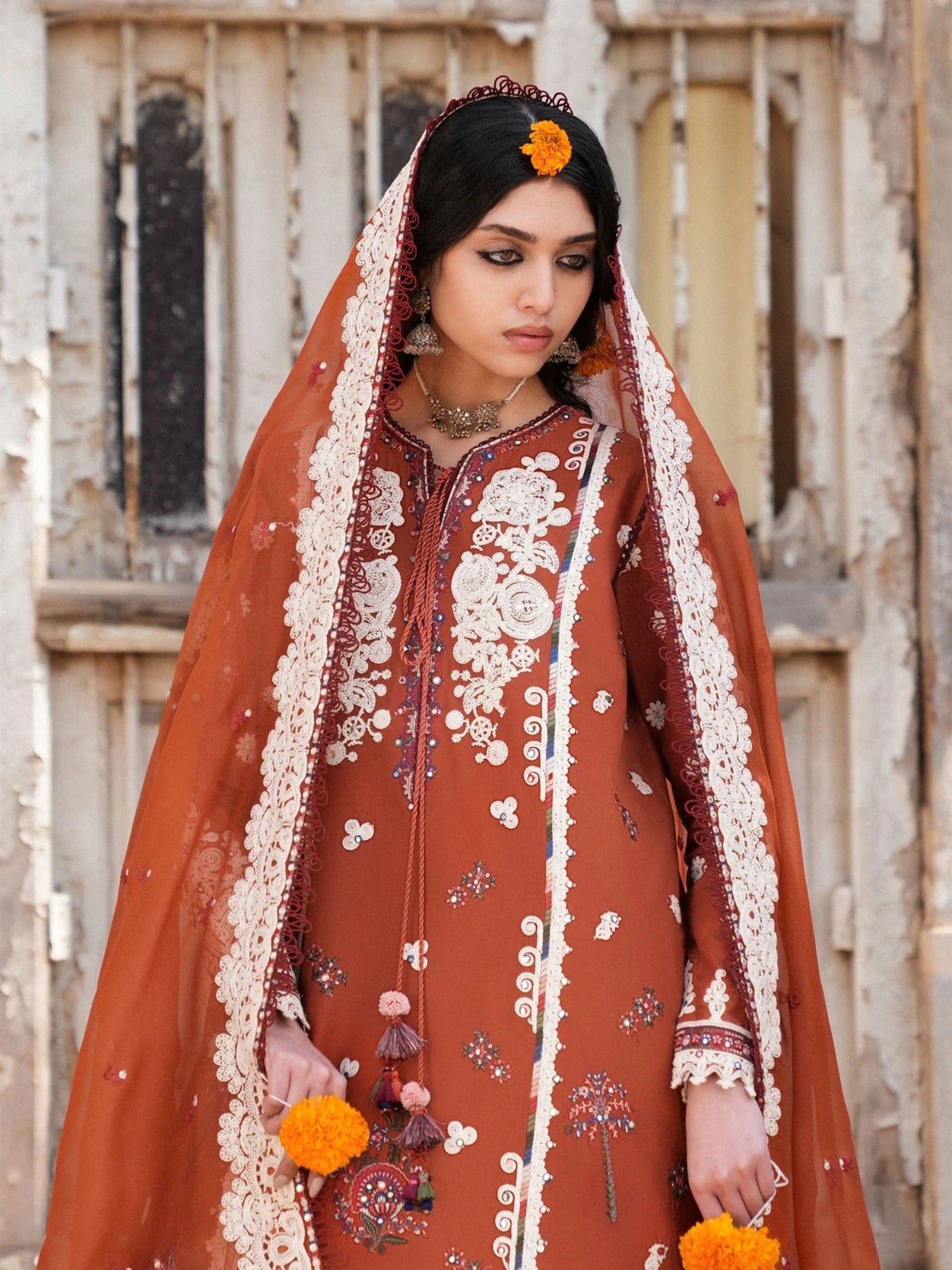 Orange Hussain Rehar Barmala Pret'26 Lawn Embroidered 3-Piece Suit-Gerua