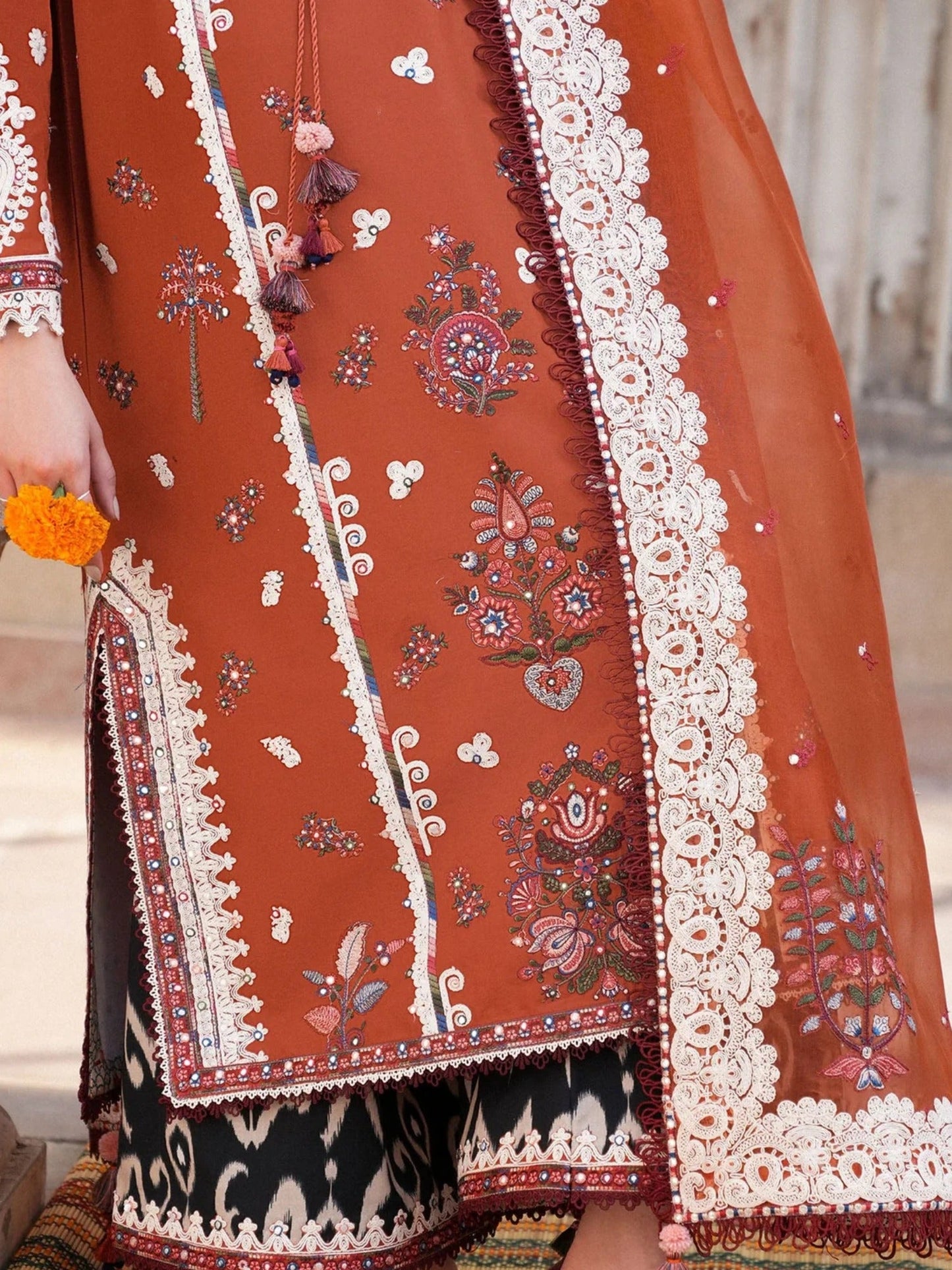 Orange Hussain Rehar Barmala Pret'26 Lawn Embroidered 3-Piece Suit-Gerua