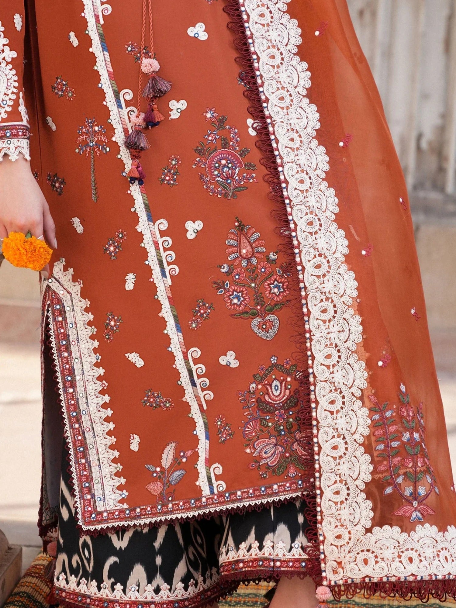 Orange Hussain Rehar Barmala Pret'26 Lawn Embroidered 3-Piece Suit-Gerua