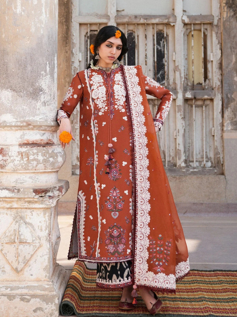 Orange Hussain Rehar Barmala Pret'26 Lawn Embroidered 3 Piece Suit Gerua