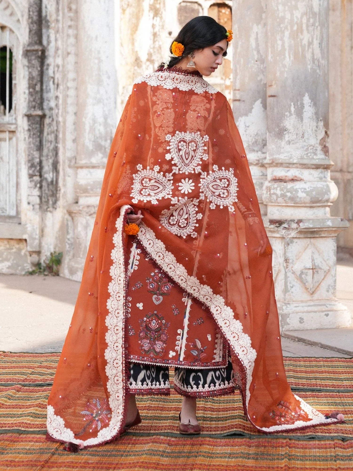 Orange Hussain Rehar Barmala Pret'26 Lawn Embroidered 3-Piece Suit-Gerua