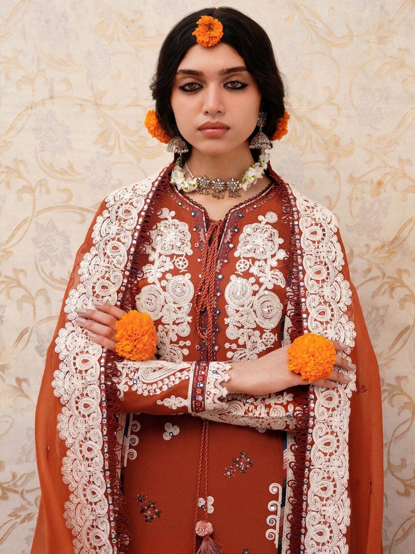 Orange Hussain Rehar Barmala Pret'26 Lawn Embroidered 3-Piece Suit-Gerua
