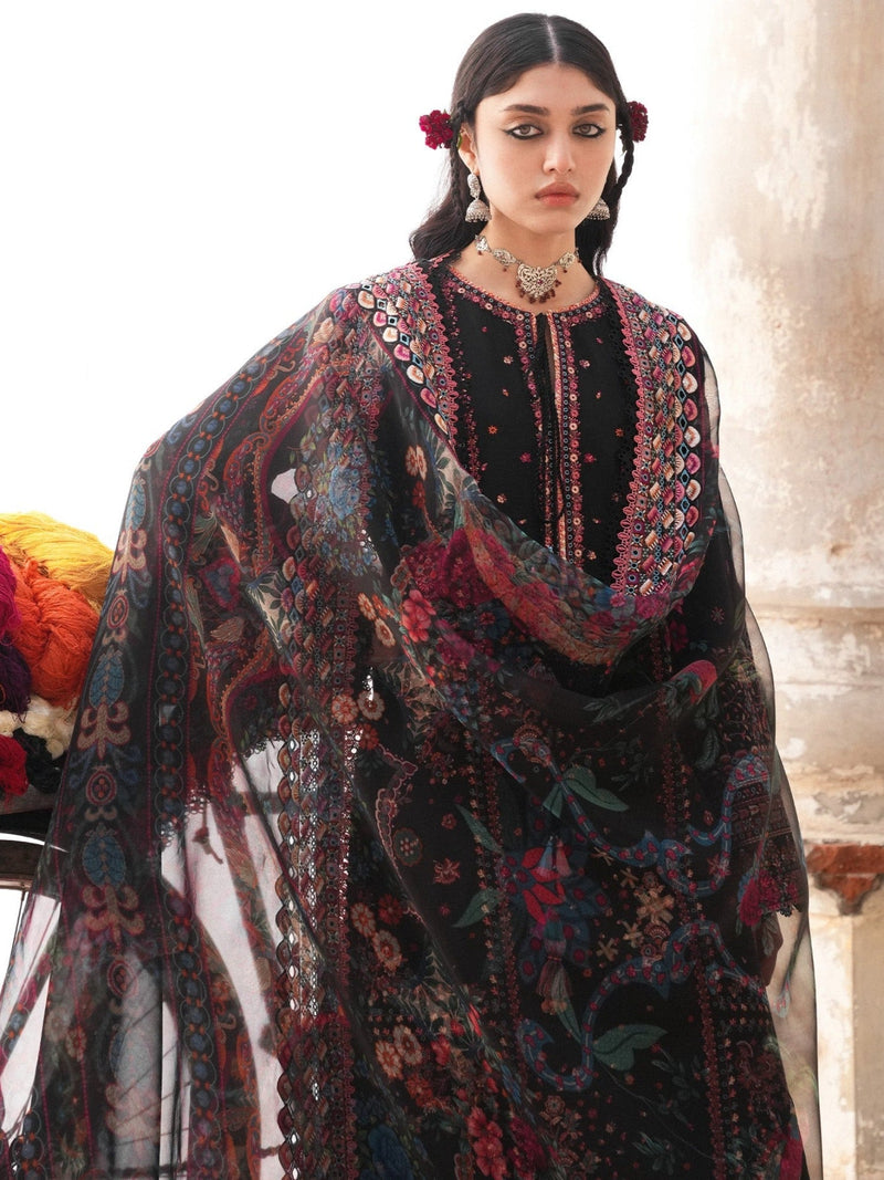 Black Hussain Rehar Barmala Pret'26 Lawn Embroidered 3 Piece Suit Noushyy