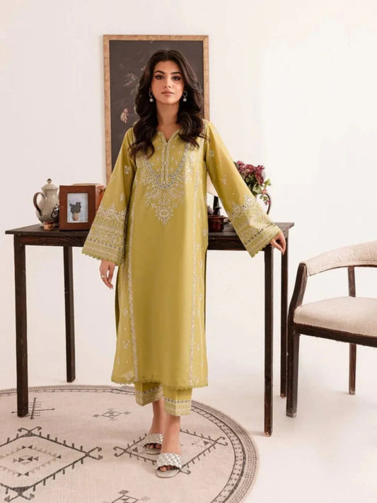 Yellow-Khubsurat Libas Linen Embroidered Stitched 2-Piece Suit-Hina