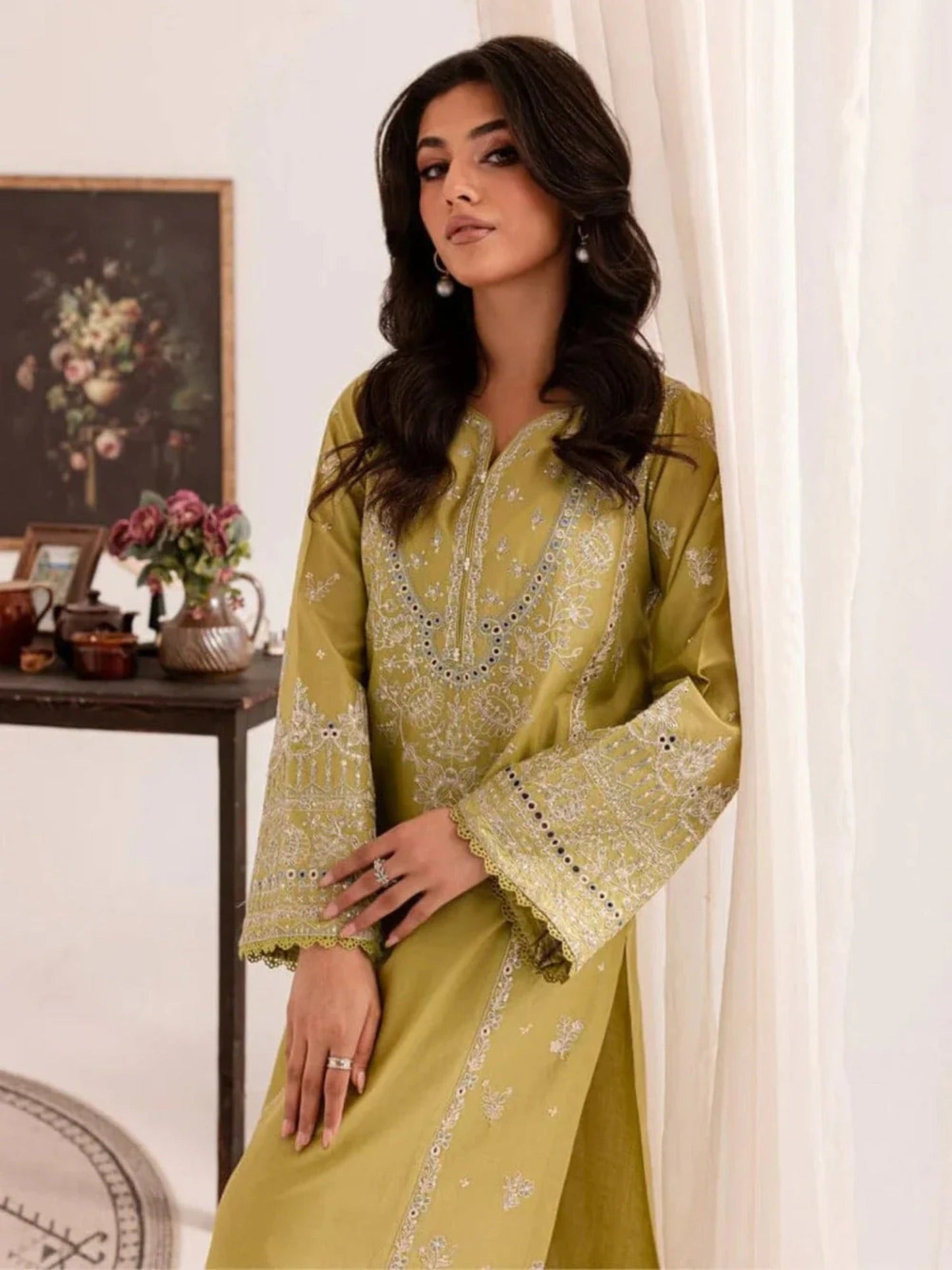 Yellow-Khubsurat Libas Linen Embroidered Stitched 2-Piece Suit-Hina