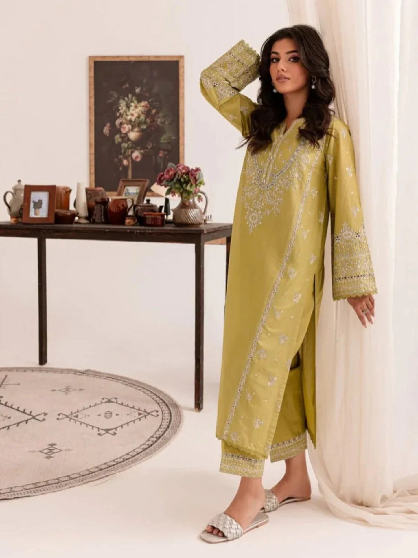 Yellow-Khubsurat Libas Linen Embroidered Stitched 2-Piece Suit-Hina