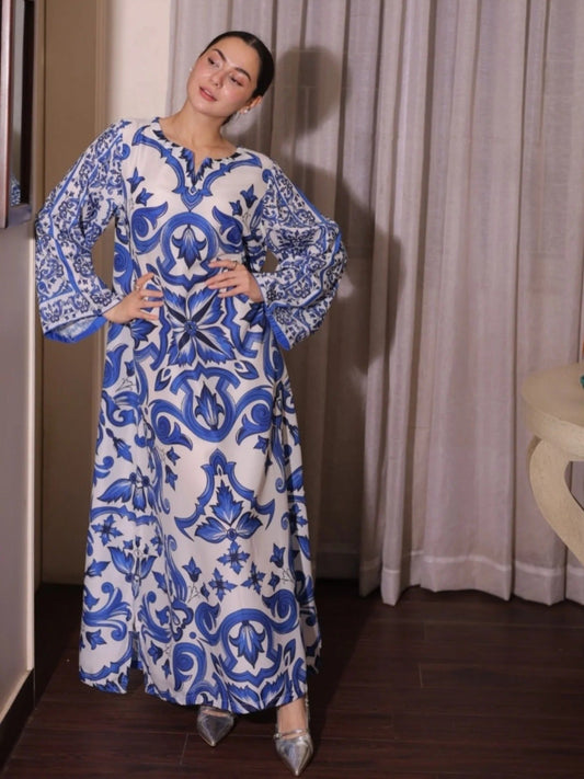 Blue and White-Libas-e-Khas Poly Grip Printed Kaftan Set