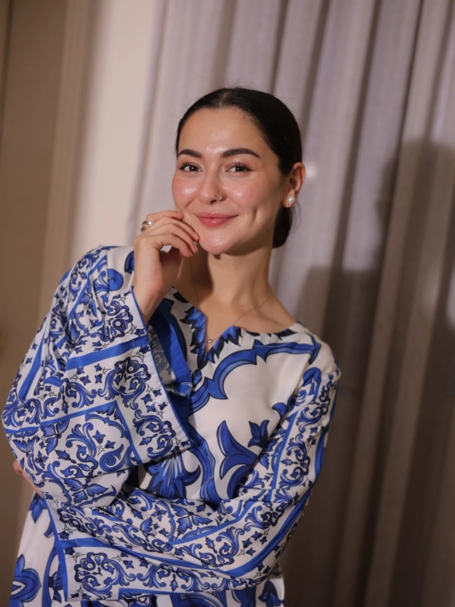 Blue and White-Libas-e-Khas Poly Grip Printed Kaftan Set
