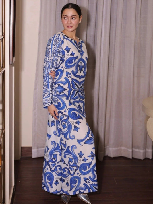 Blue and White-Libas-e-Khas Poly Grip Printed Kaftan Set