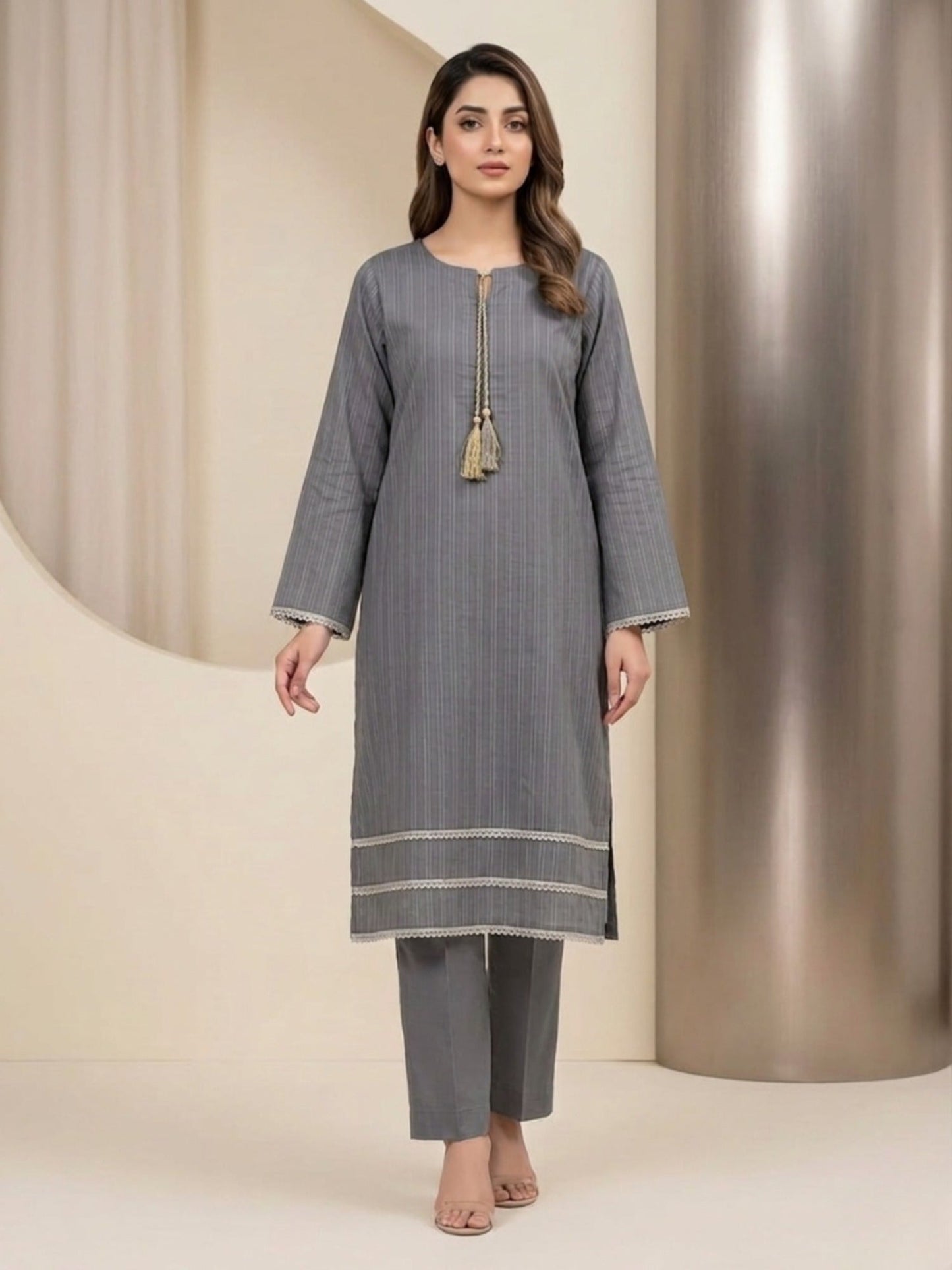 Grey-Bin Shaukat Lawn Brosha Plain Stitched 2-Piece Suit