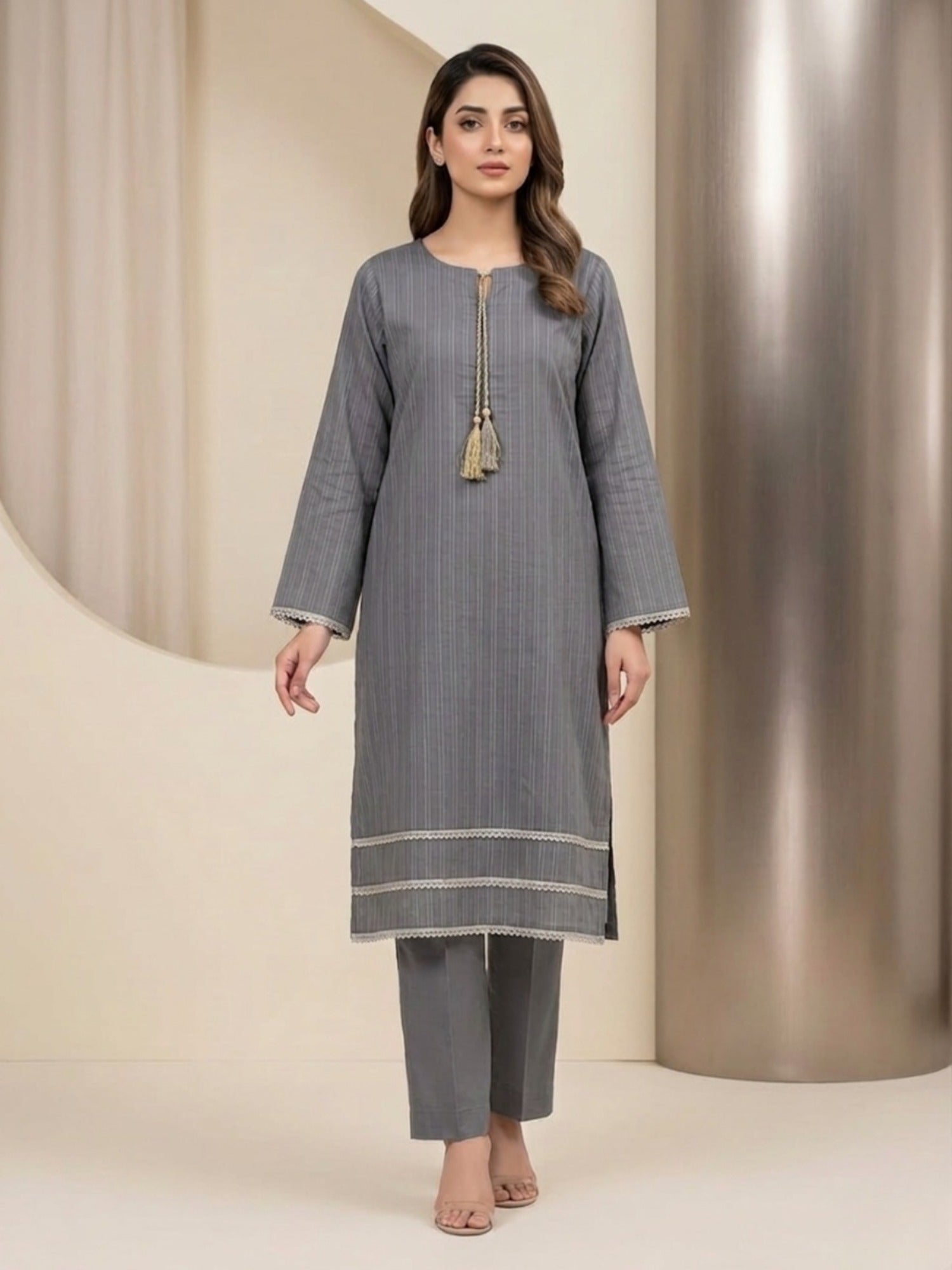 Grey-Bin Shaukat Lawn Brosha Plain Stitched 2-Piece Suit