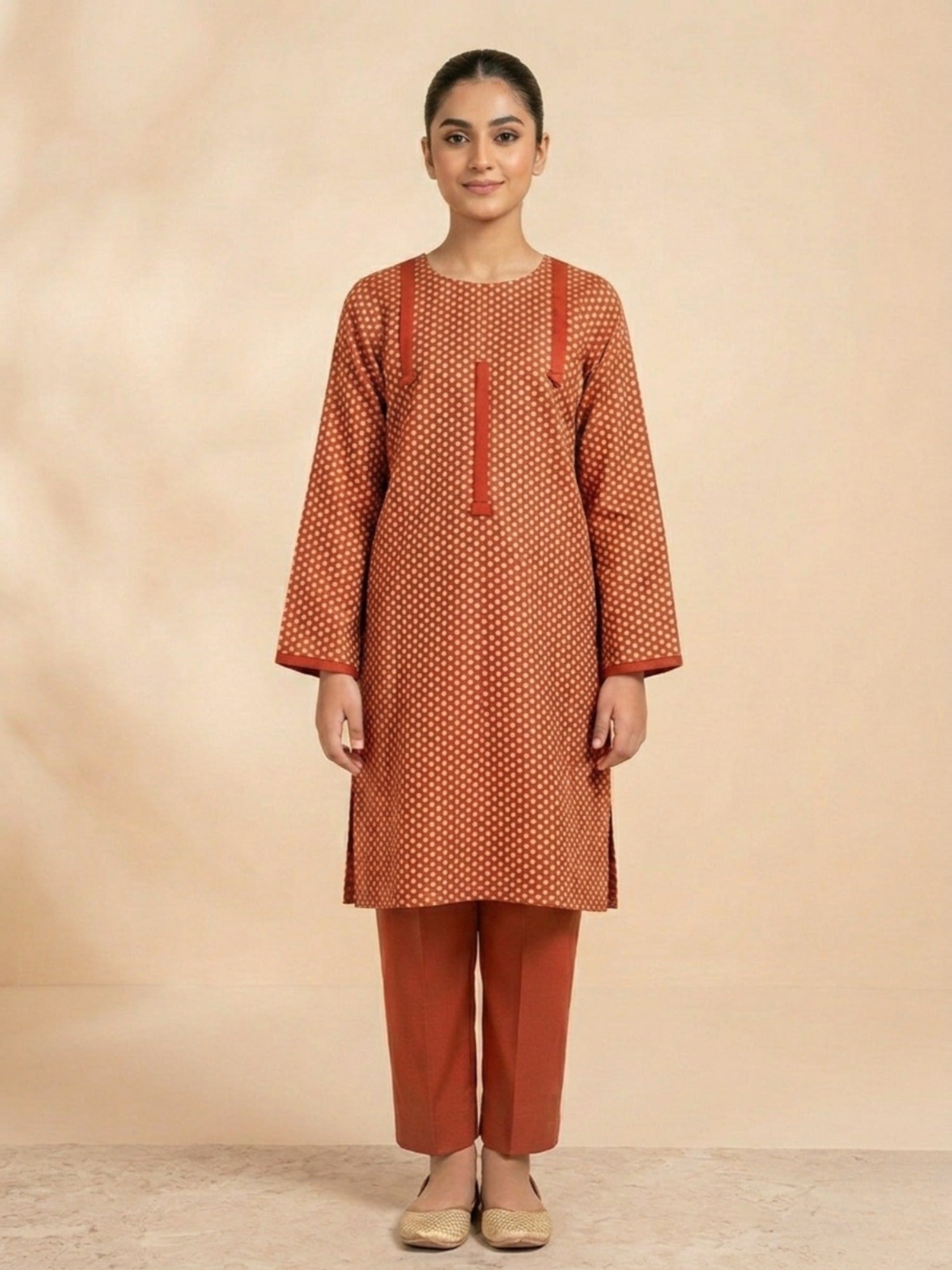 Orange-Bin Shaukat Lawn Brosha Printed Stitched 2-Piece Suit