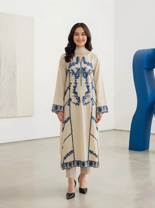 Beige -Tawakal Closet Linen Embroidered Stitched 3-Piece Suit-Graceful Beige Bloom TAW136
