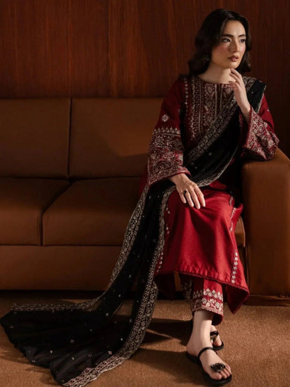 Maroon Khubsurat Libas Linen Embroidered Stitched 3-Piece Suit