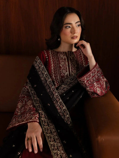 Maroon Khubsurat Libas Linen Embroidered Stitched 3-Piece Suit