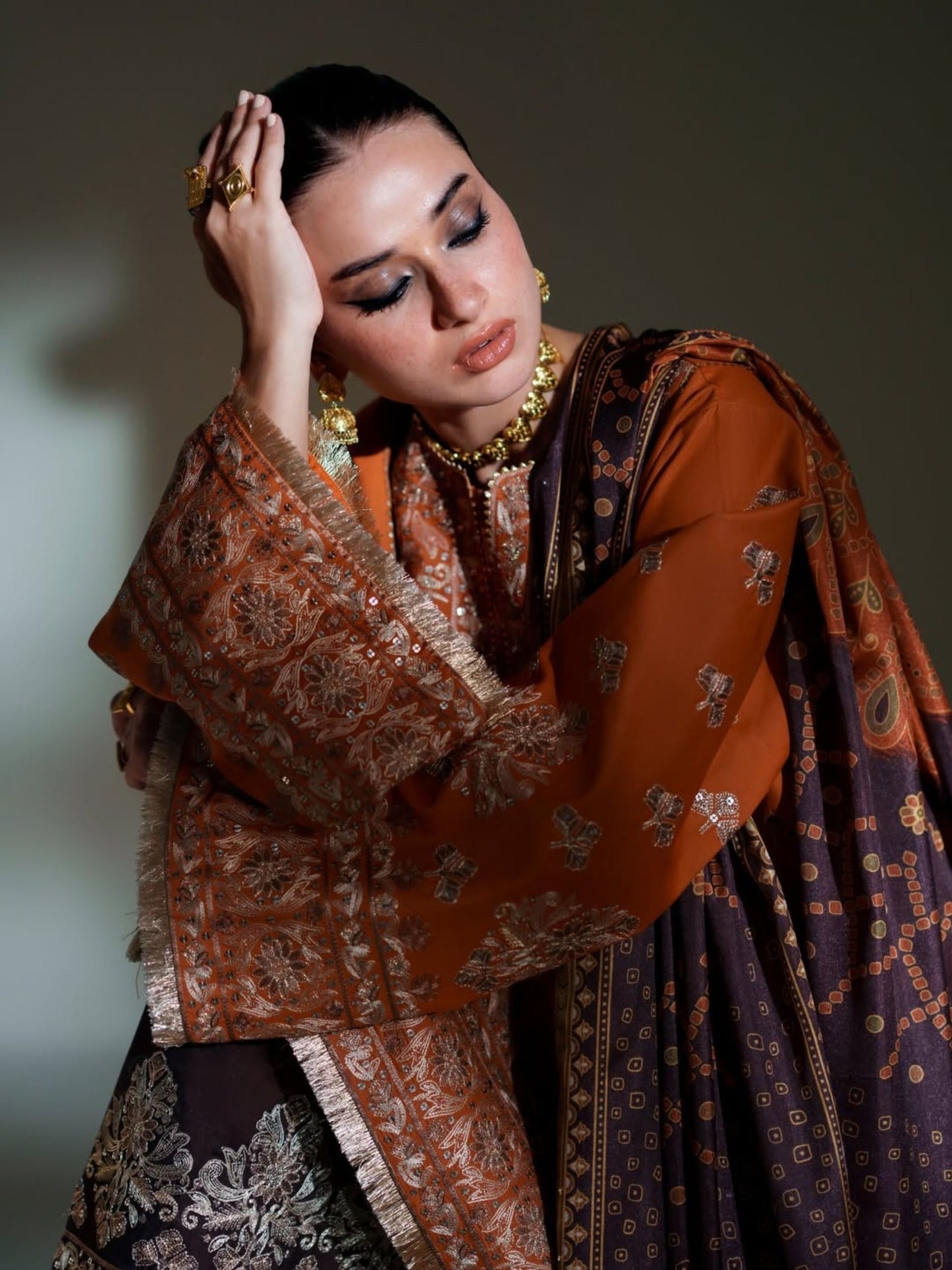 Orange Brown Binilyas Amour Luxury Lawn'26 Embroidered Unstitched 3-Piece Suit-183-A