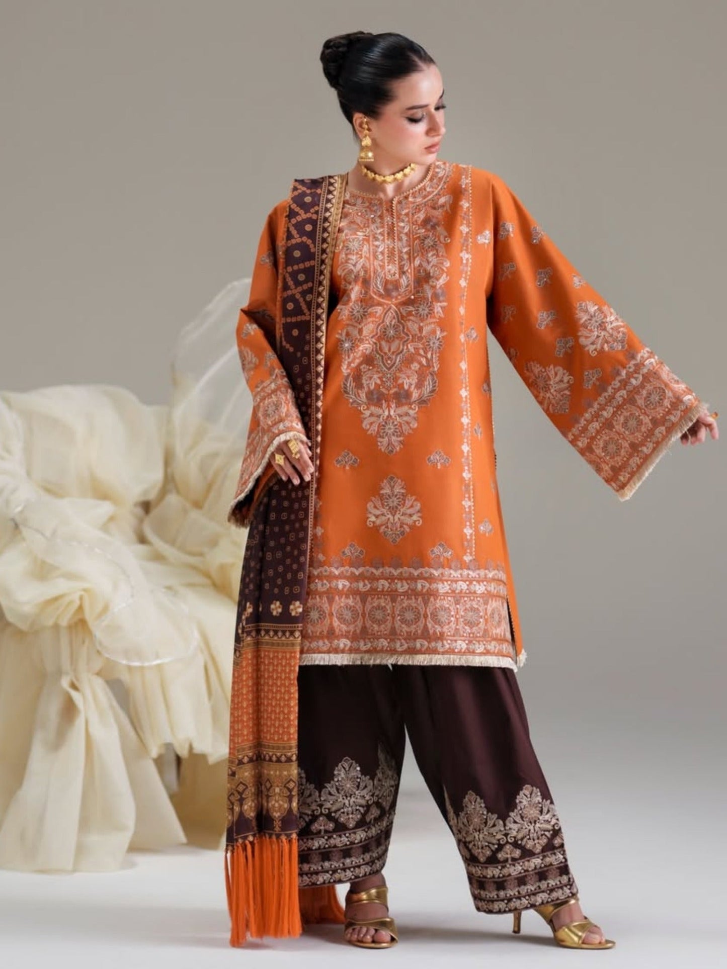 Orange Brown Binilyas Amour Luxury Lawn'26 Embroidered Unstitched 3-Piece Suit-183-A