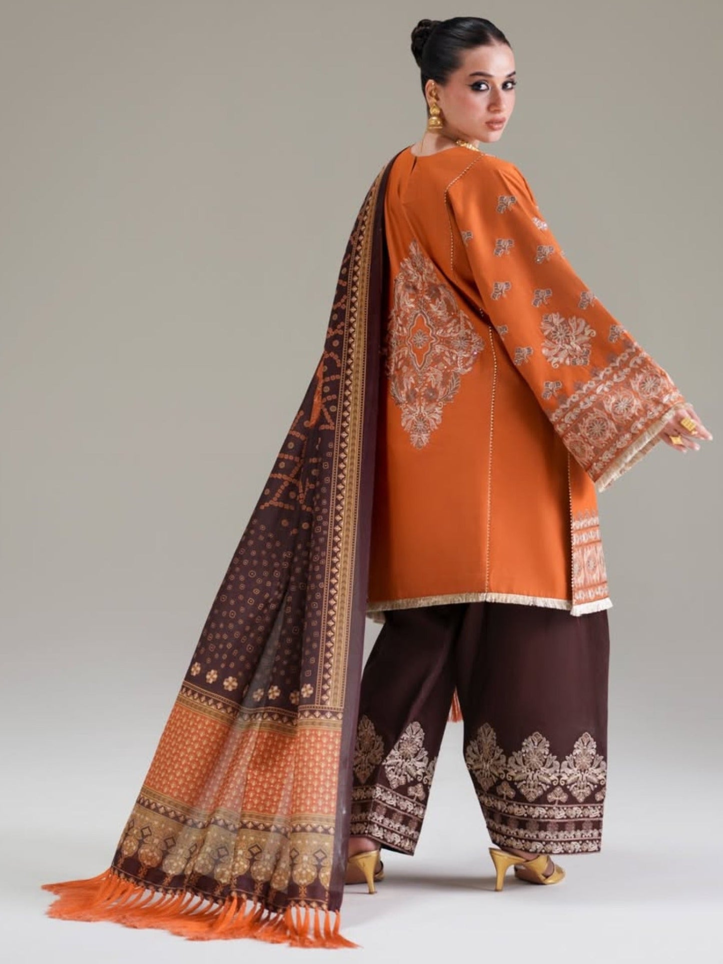Orange Brown Binilyas Amour Luxury Lawn'26 Embroidered Unstitched 3-Piece Suit-183-A