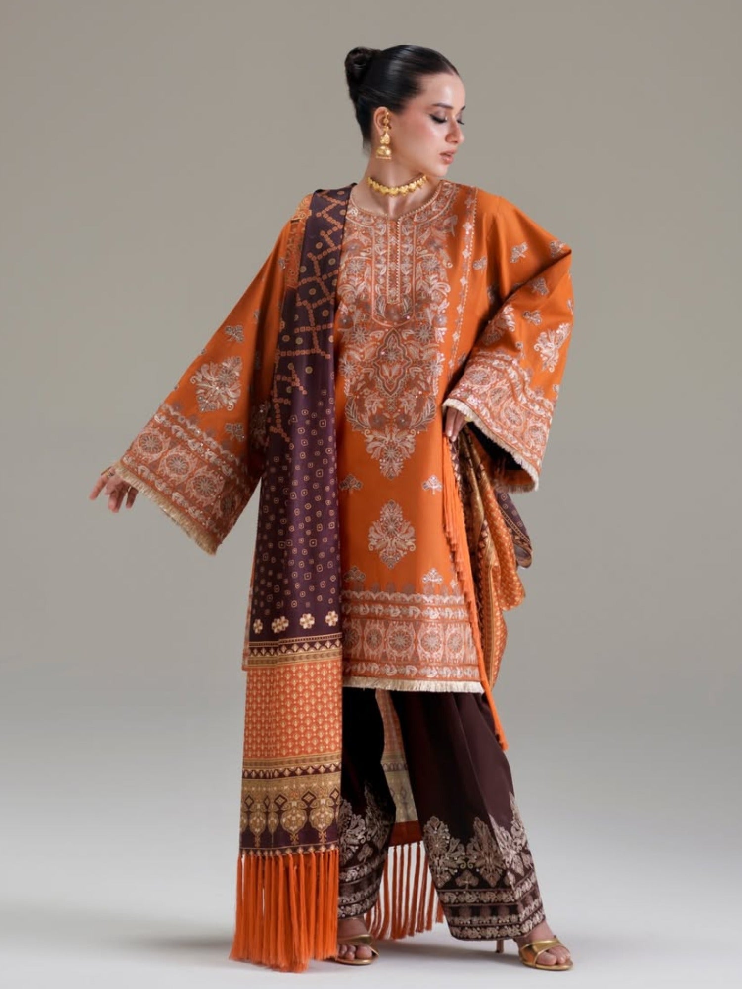 Orange Brown Binilyas Amour Luxury Lawn'26 Embroidered Unstitched 3-Piece Suit-183-A
