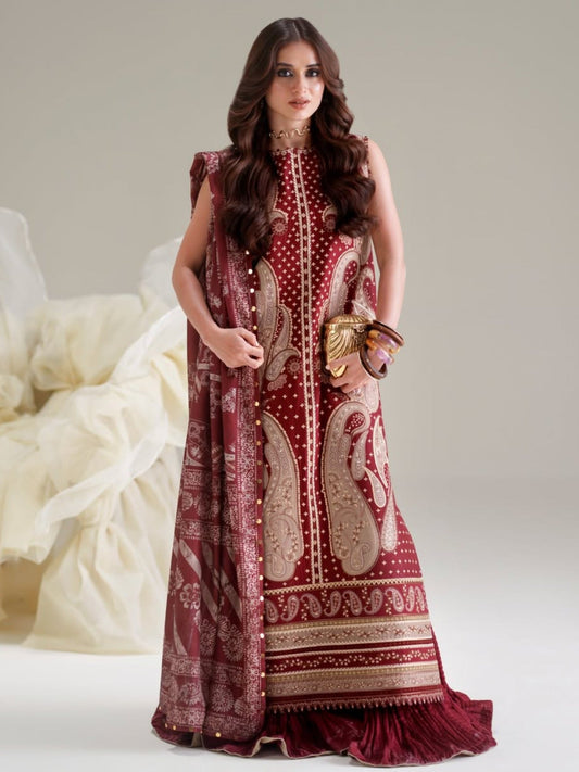 Maroon Binilyas Amour Luxury Lawn'26 Embroidered Unstitched 3-Piece Suit-185-A