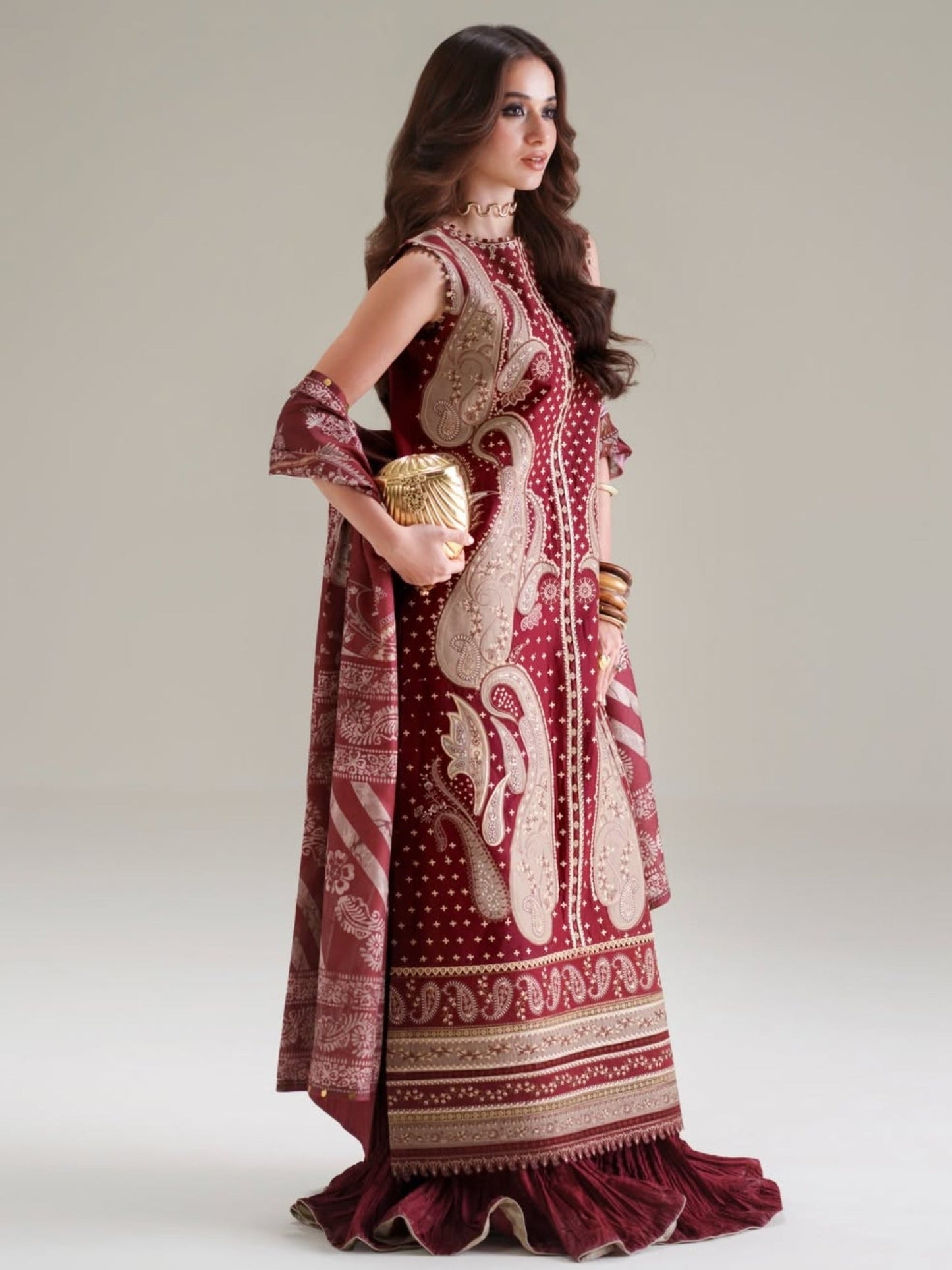 Maroon Binilyas Amour Luxury Lawn'26 Embroidered Unstitched 3-Piece Suit-185-A