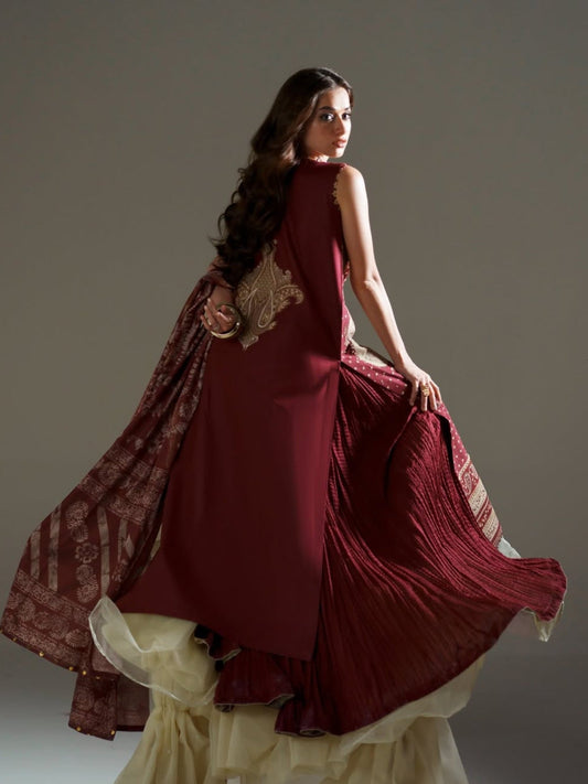 Maroon Binilyas Amour Luxury Lawn'26 Embroidered Unstitched 3-Piece Suit-185-A