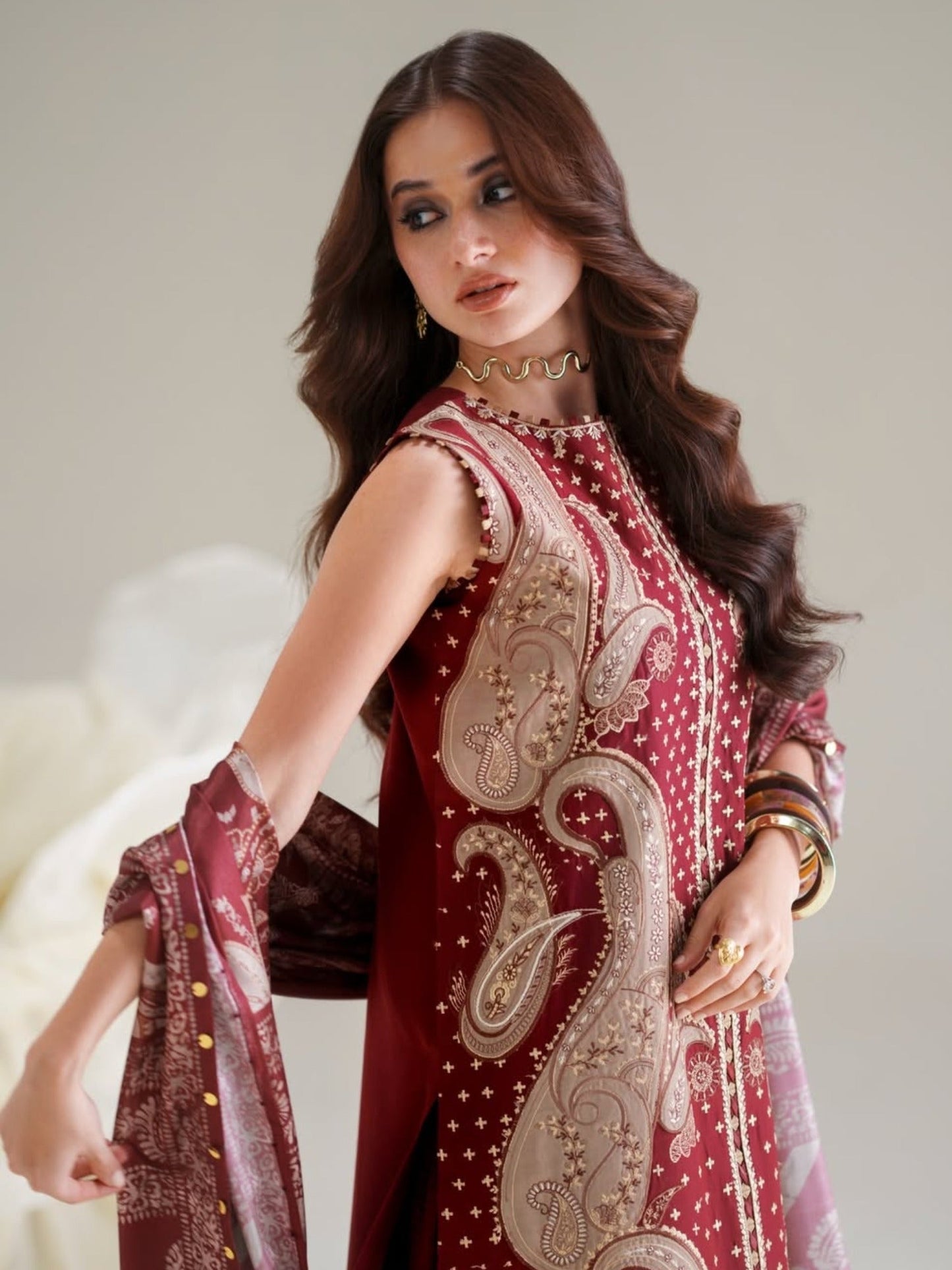 Maroon Binilyas Amour Luxury Lawn'26 Embroidered Unstitched 3-Piece Suit-185-A
