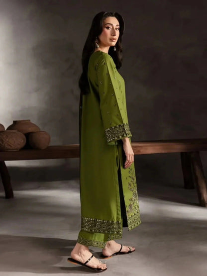 Green Khubsurat Libas Linen Embroidered Stitched 3-Piece Suit-Ezzal