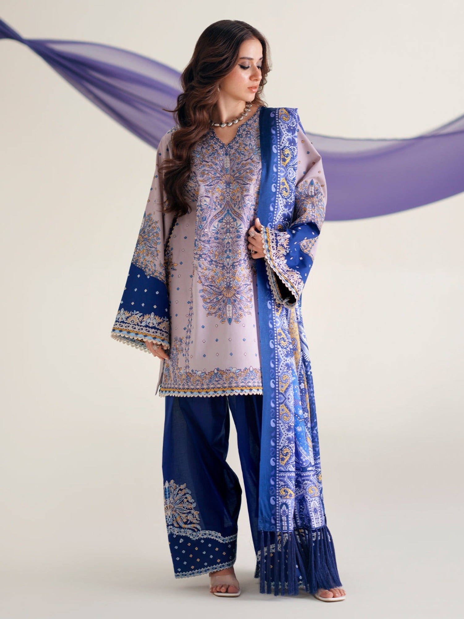 Blue Lilac Binilyas Amour Luxury Lawn'26 Embroidered Unstitched 3-Piece Suit-182-B
