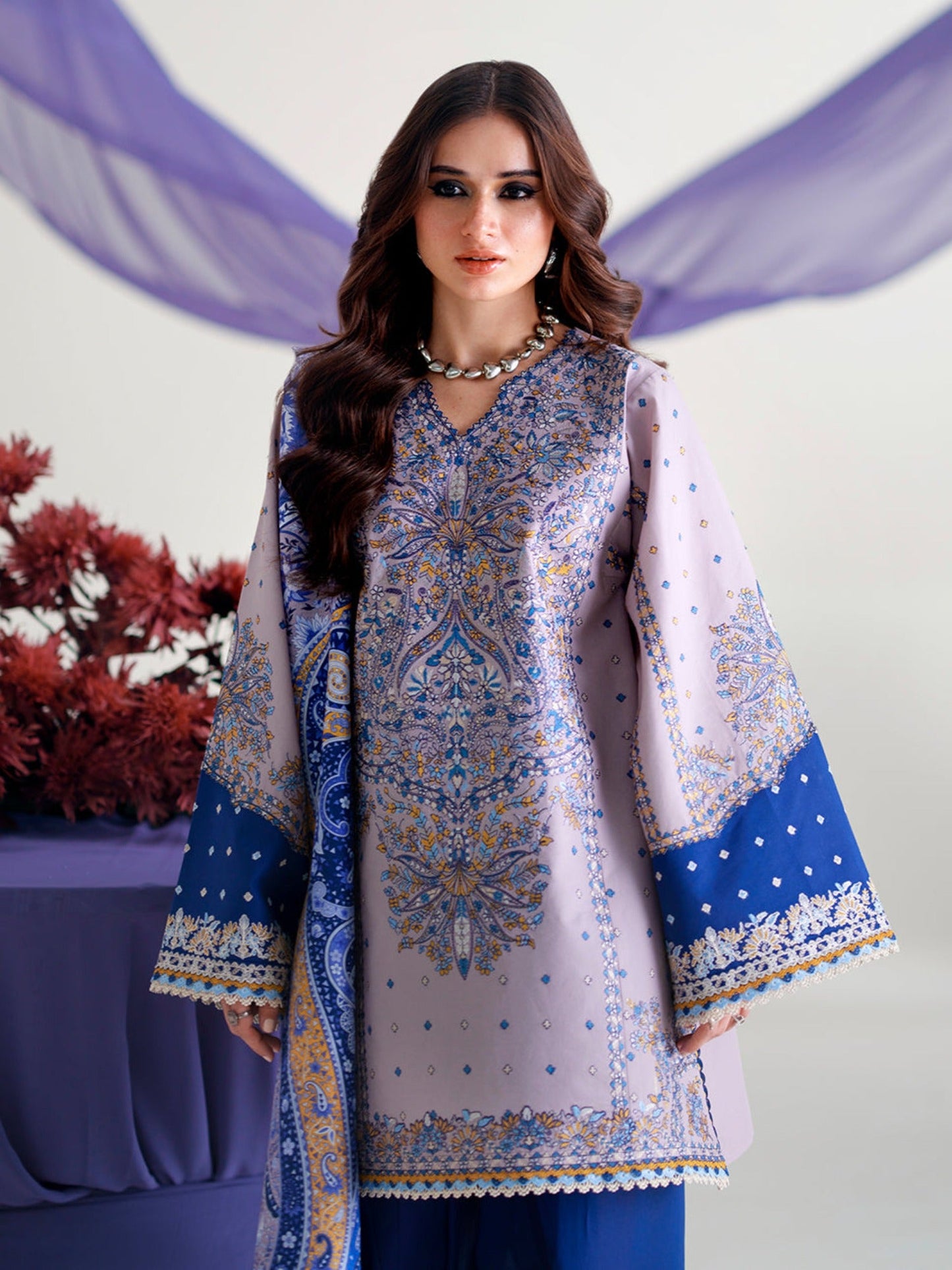 Blue Lilac Binilyas Amour Luxury Lawn'26 Embroidered Unstitched 3-Piece Suit-182-B