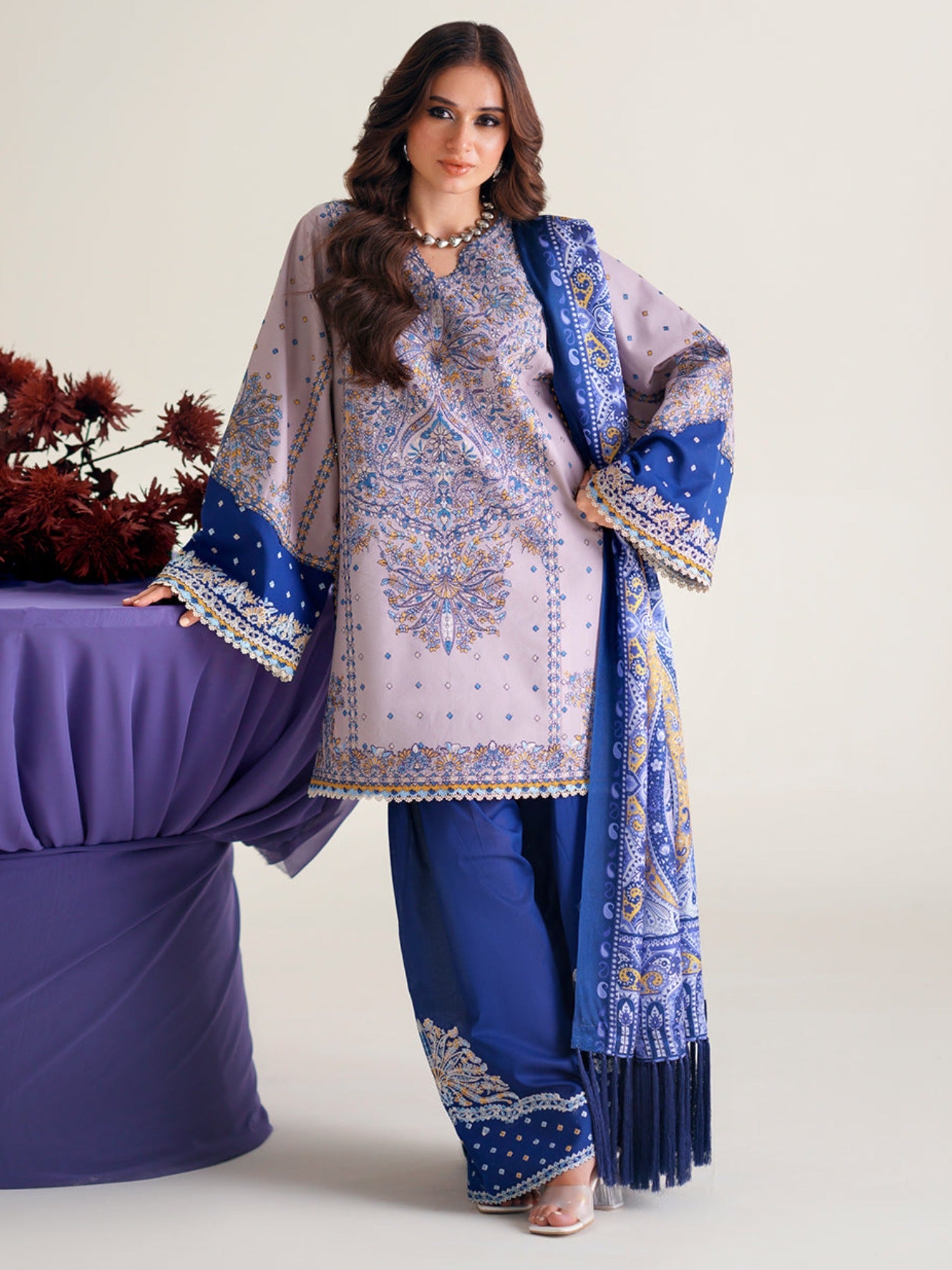 Blue Lilac Binilyas Amour Luxury Lawn'26 Embroidered Unstitched 3-Piece Suit-182-B