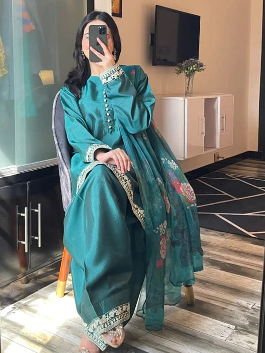 Green Silai Libas Silk Embroidered Stitched 2-Piece Suit-Anaya