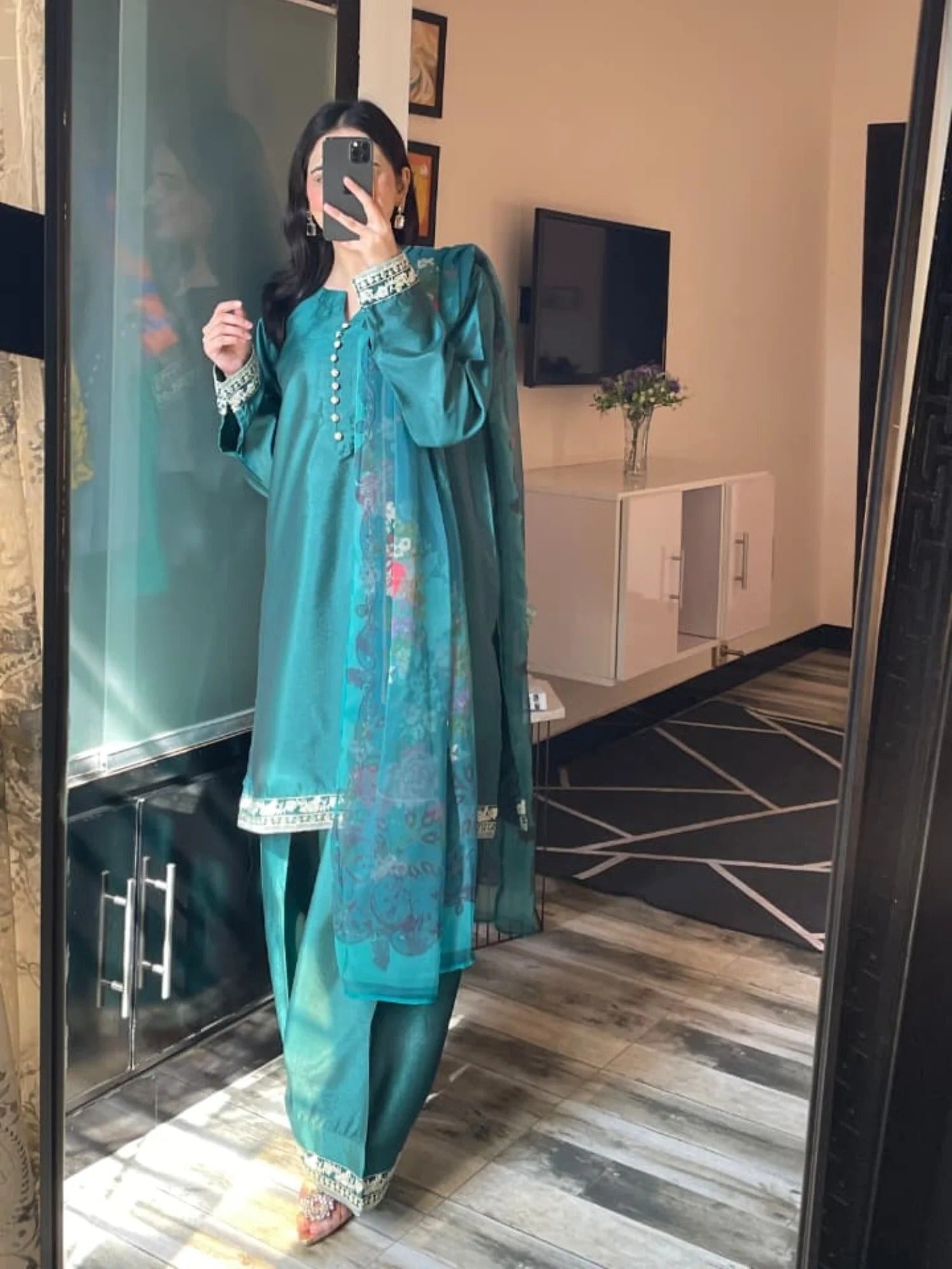 Green Silai Libas Silk Embroidered Stitched 2-Piece Suit-Anaya