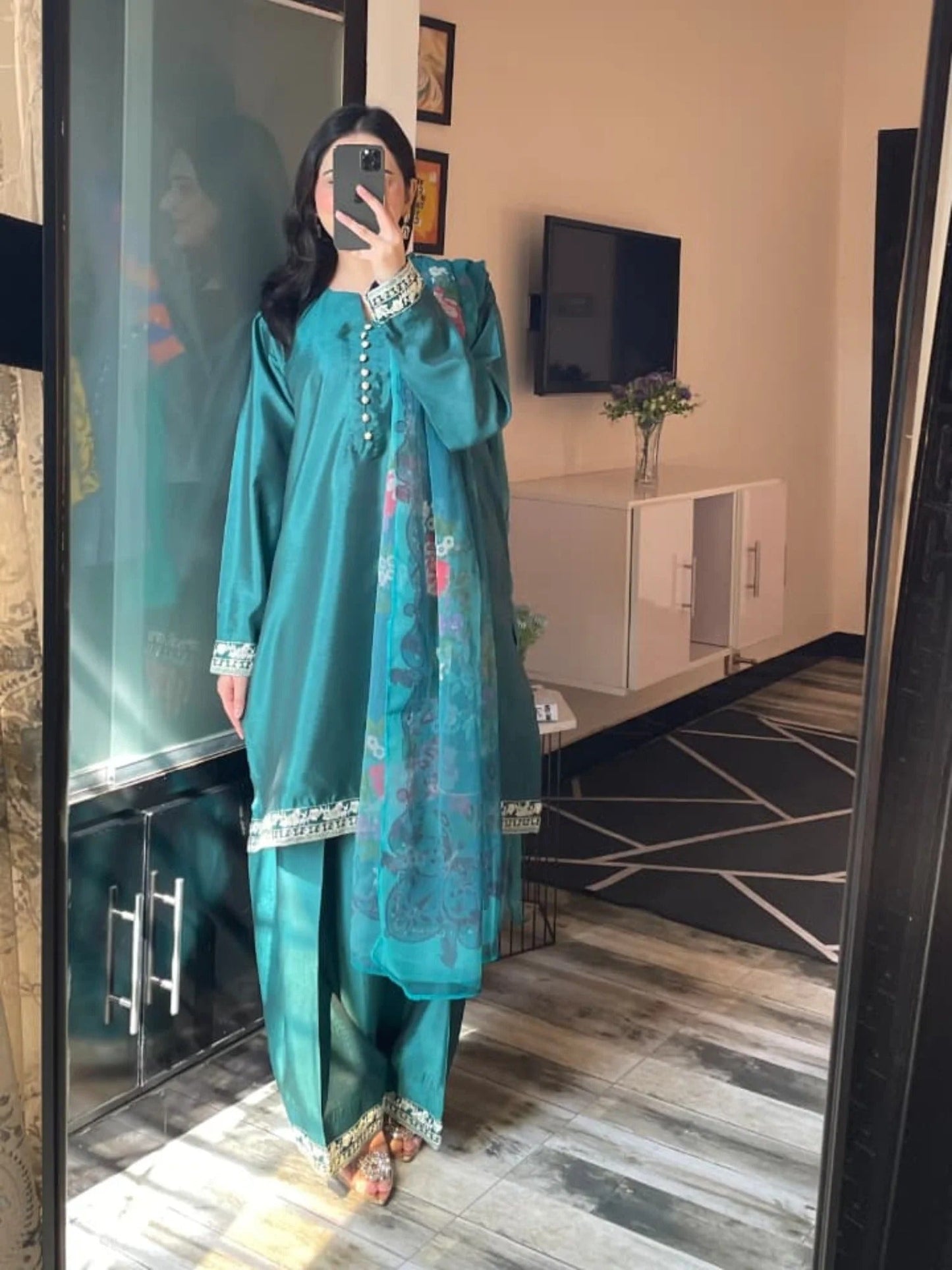 Green Silai Libas Silk Embroidered Stitched 2-Piece Suit-Anaya