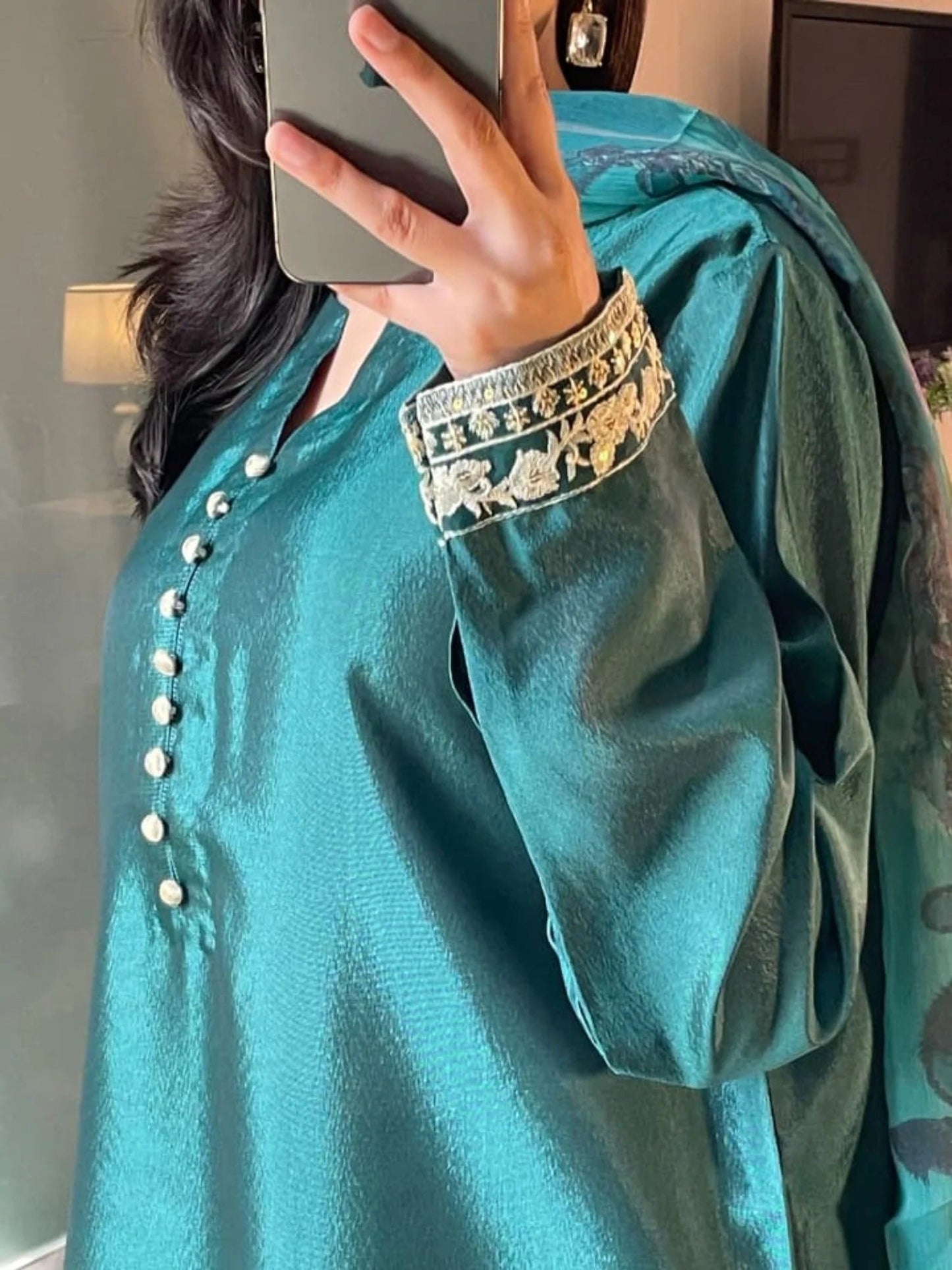 Green Silai Libas Silk Embroidered Stitched 2-Piece Suit-Anaya